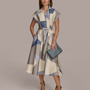 DKNYC Abstract Midi Dress in Blue and Cream